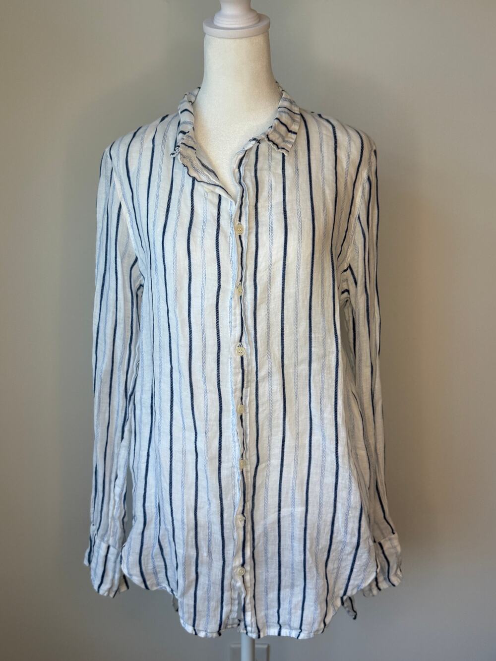 CP Shades Striped Linen Button Down Shirt Blue White